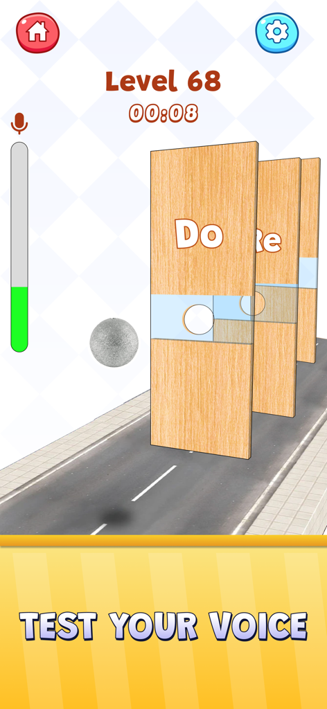 Gameplay screenshot of a voice-controlled mini-game in Tap Tap Challenge where players navigate a ball through obstacles using their voice.
