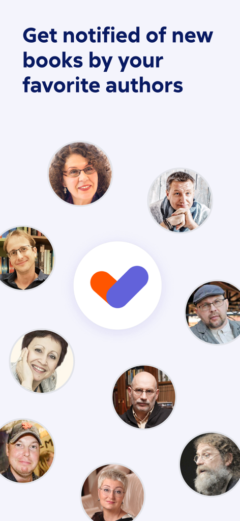 Pantalla de la aplicación Litres que muestra varios retratos de autores y un mensaje sobre recibir notificaciones de nuevos lanzamientos de libros.
