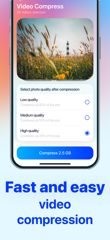 Interfaz de la función de compresión de video de la aplicación limpiadora Purix que muestra la configuración y las opciones de ahorro de espacio