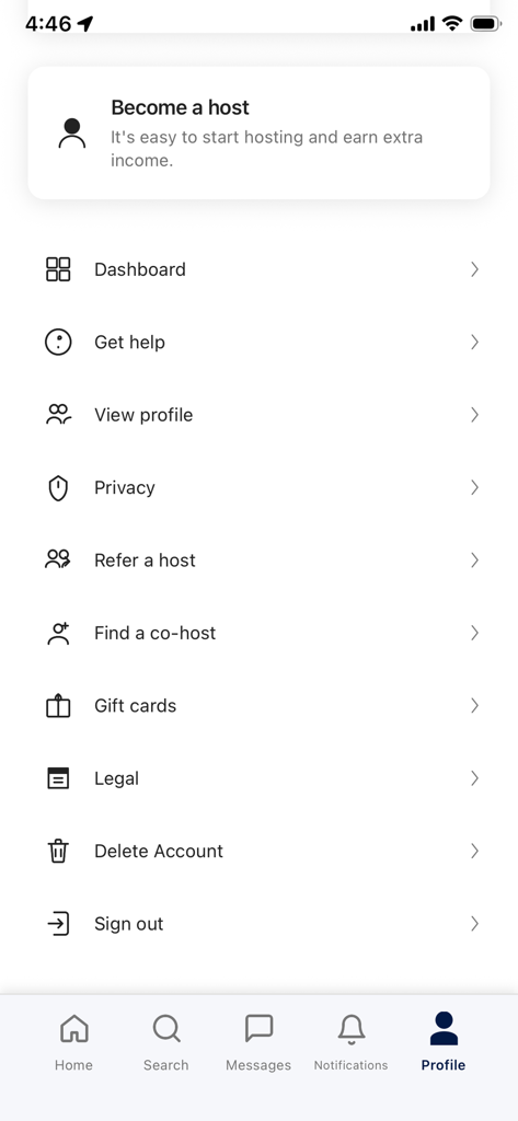 Hire A Car - 계정 설정 및 호스트가 되는 옵션을 제공하는 Hire A Car 모바일 앱 사용자 프로필 화면