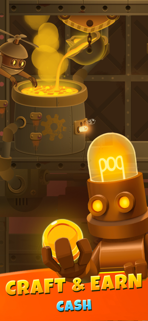 Deep Town: Mining Idle Games - Robot with a lightbulb head holding a gold coin near a smelting machine