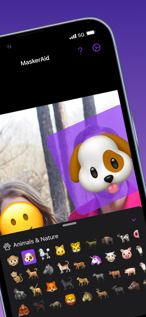A screenshot of the MaskerAid app showing faces in a photo covered by emojis and an animal emoji picker