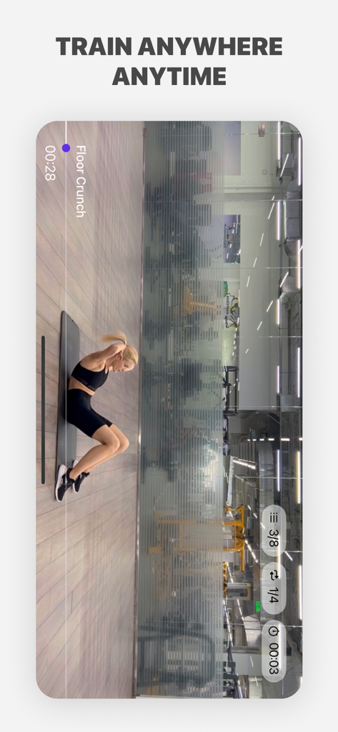 A woman performing a floor crunch following a video tutorial on the Fitness Workout for Gym and Home app.