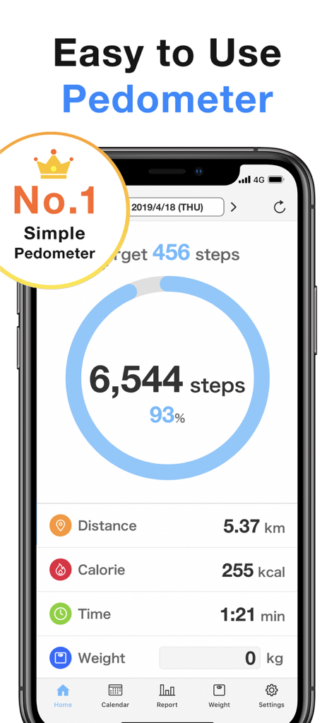 Pedometer - Steps Counter app - Pantalla principal de la aplicación Pedometer que muestra un recuento de pasos diarios de 6544 con seguimiento de calorías y distancia