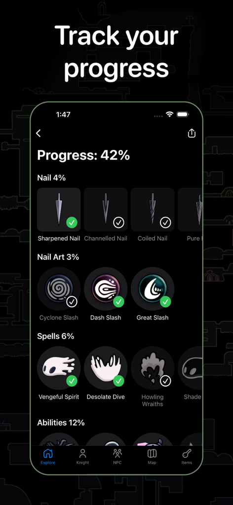 A progress tracker interface from the Hollow Knight guide app showing collected spells and nail arts