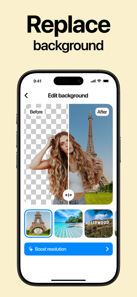 AI Background Removerㅤ - Uma comparação de antes e depois mostrando o fundo de uma foto de mulher substituído pela Torre Eiffel usando um editor de fotos IA.