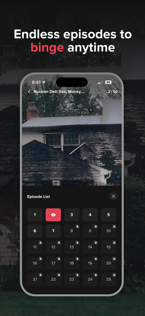 TrueShort - Stream True Crime - Ein Screenshot der TrueShort-App, der eine mobile Oberfläche mit einer Liste von kurzen True-Crime-Episoden zum Bingen zeigt.