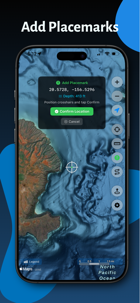 Hawaii Ocean Map - Screenshot of Hawaii Ocean Map app showing the feature to add a custom placemark with coordinates and depth data on a nautical chart