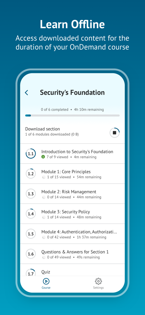 SANS OnDemand - SANS OnDemand app interface showing the Securitys Foundation course and options to download modules for offline access
