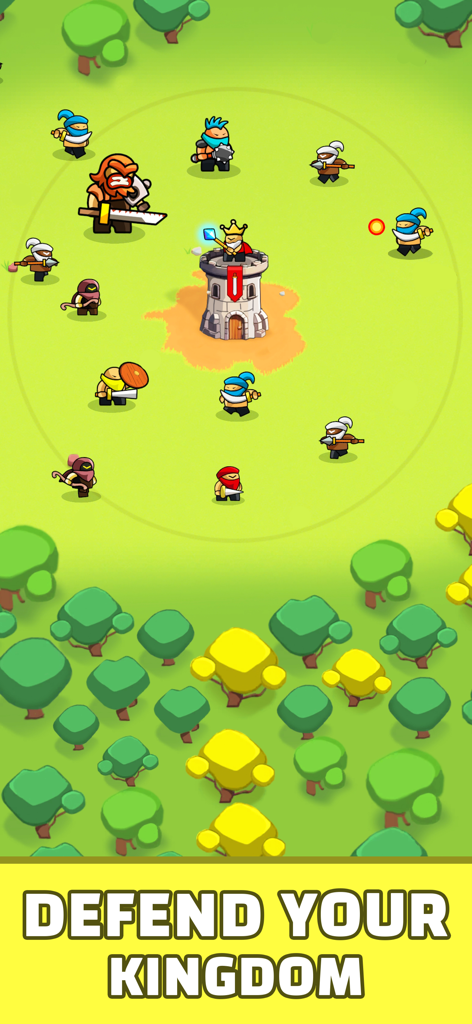 Idle Castle Tower Defense TD - A castle tower defending against waves of cartoon monsters in a green field