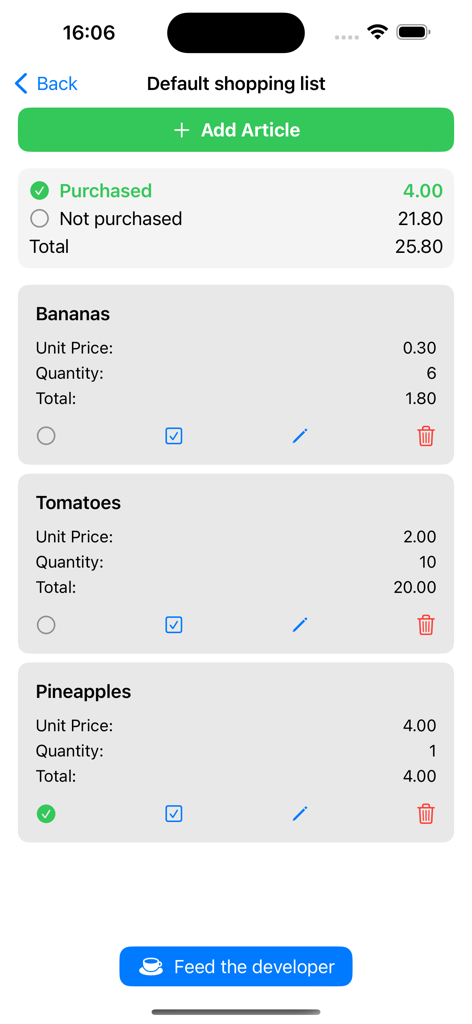 SJ Cart Calculator - SJ Cart Calculator app interface showing a grocery shopping list with unit prices and total budget tracking