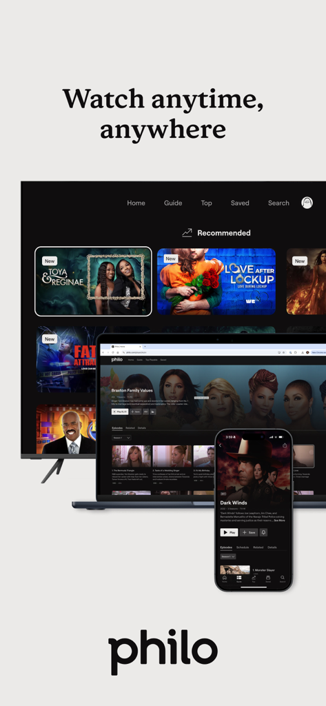 Philo streaming app interface displayed across a television laptop and smartphone with the text Watch anytime anywhere