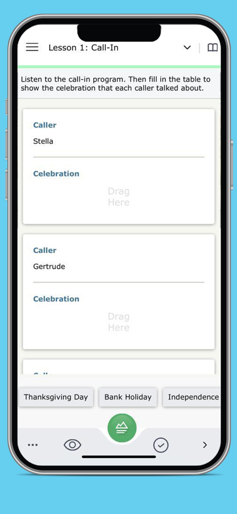 An English language learning app interface showing a listening comprehension task where users drag and drop holiday names like Thanksgiving Day to specific callers.