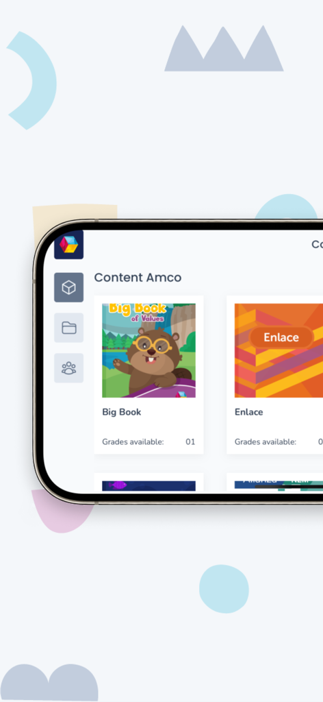 Amco CS - Interfaz de la aplicación Amco CS mostrando libros educativos digitales y recursos para profesores