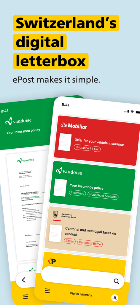ePost App - Captura de tela da interface do aplicativo ePost mostrando correio digital organizado, incluindo documentos de seguro e impostos