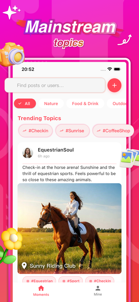 Bela - Photos & Social - Interfaz de la aplicación Bela que muestra temas de tendencia y un check-in fotográfico de un usuario en un club de equitación