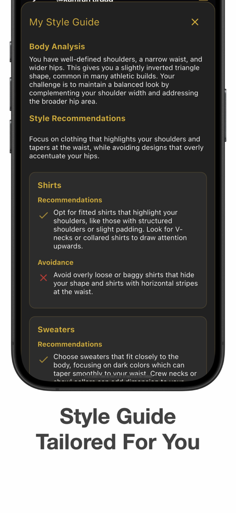 Outfit Generator - Vinchy - Vinchy app style guide featuring body analysis and personalized clothing tips