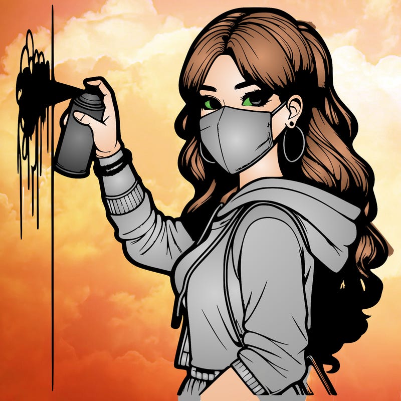 realistic girl with mask spray painting a wall