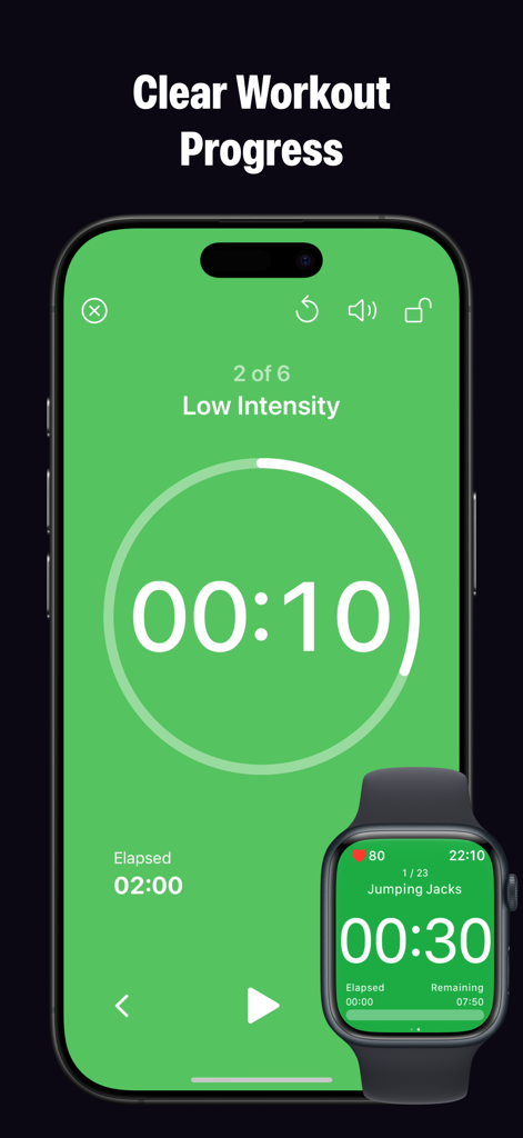 Interval Timer - Tabata HIIT - Workout progress interface on iPhone and Apple Watch for Interval Timer Tabata HIIT