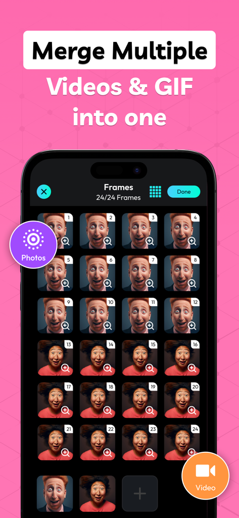 AI GIF Maker : Photo to GIF - Pantalla de smartphone que muestra la interfaz de selección de fotogramas para combinar varias fotos y vídeos en un solo GIF