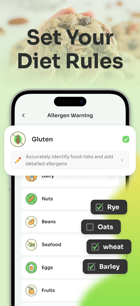 Food & Product Scanner - zapit - A smartphone screen from the zapit app showing the Allergen Warning page where users can set diet rules by selecting specific allergens like gluten and nuts.