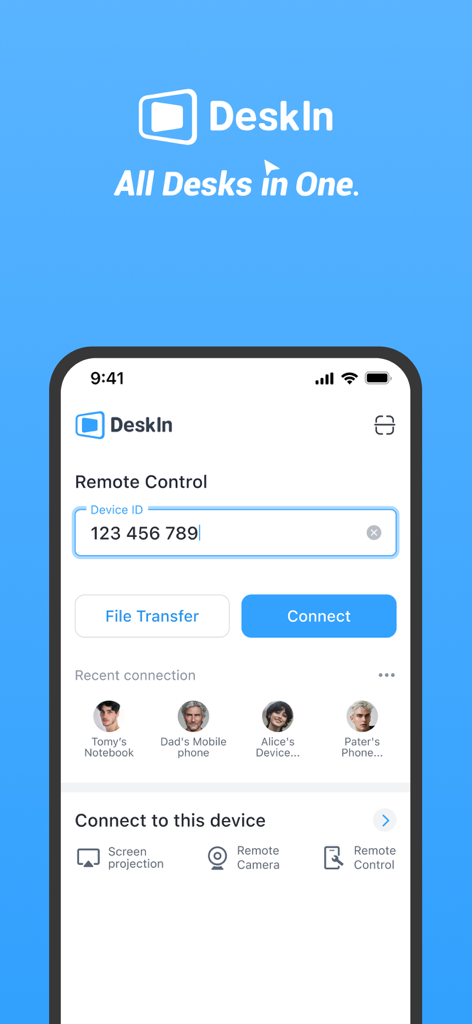 DeskIn Remote Desktop - Écran principal de l'application DeskIn sur iPhone montrant la saisie de l'ID de l'appareil de contrôle à distance et les connexions récentes