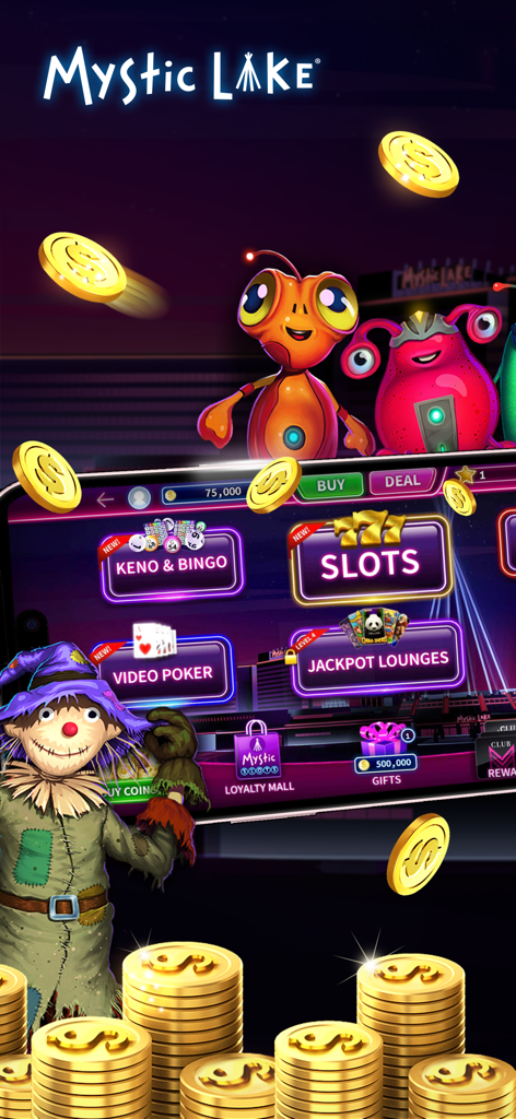 Pantalla del menú principal de la aplicación Mystic Slots que muestra modos de juego como tragamonedas y bingo con personajes de dibujos animados y monedas de oro