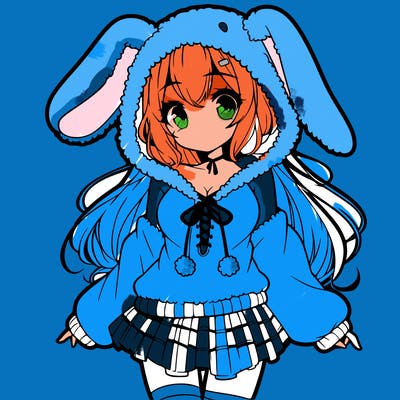 pretty anime girl wearing a fluffy hoodie with bunny ears on the hood and a skirt