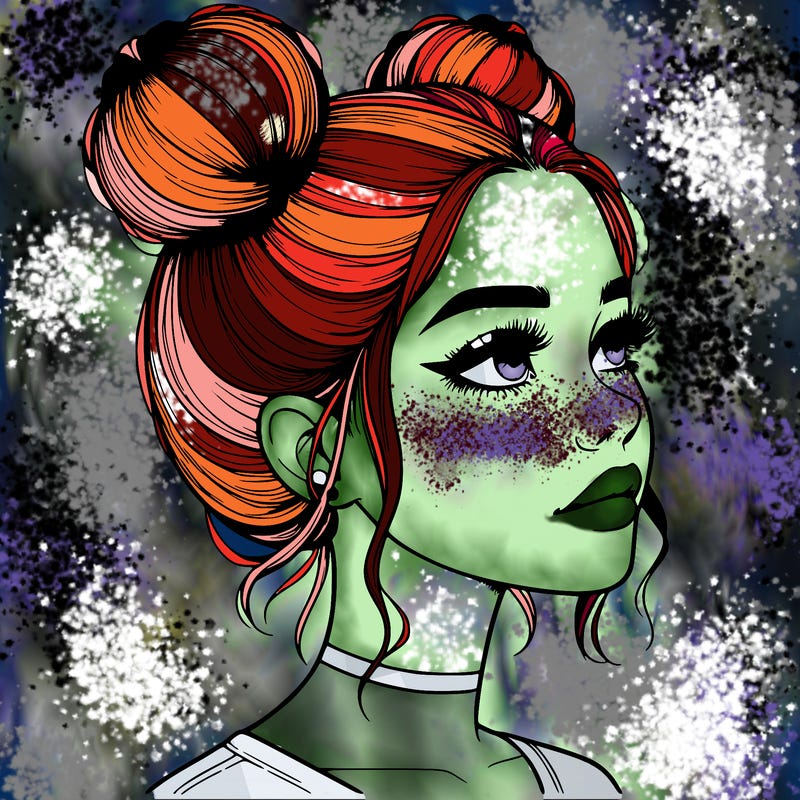 realistic girl with buns on the top of her head