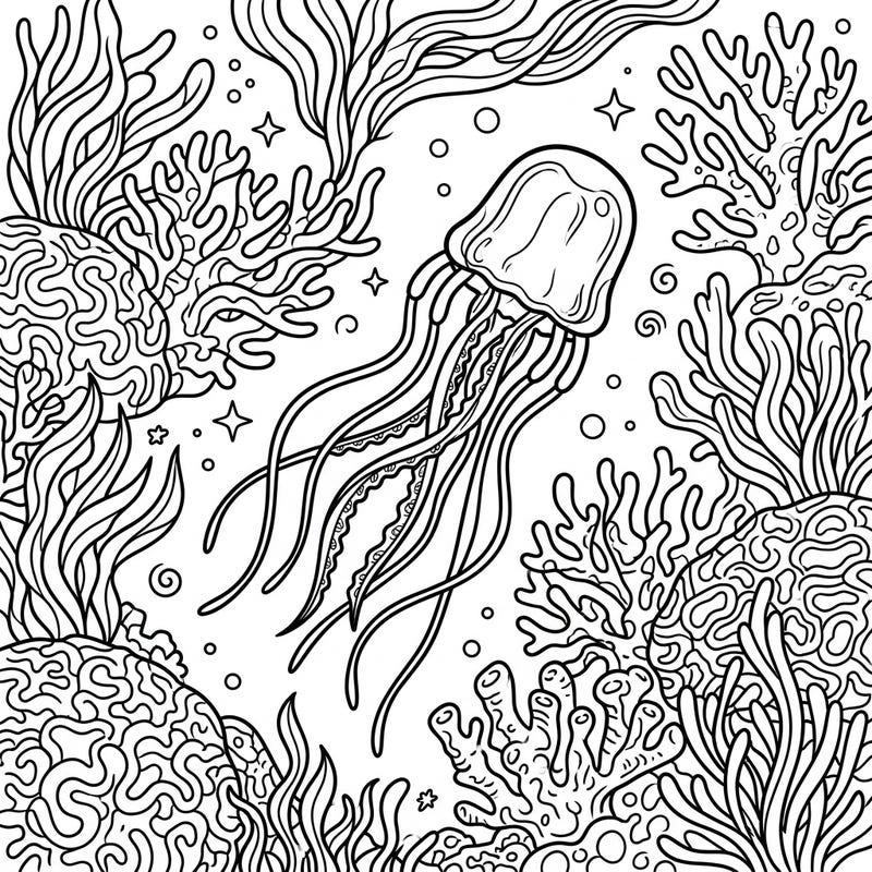 Journey into the mysterious ocean with this captivating Irukandji Jellyfish coloring page. Its detailed tentacles and surrounding coral reef offer an engaging artistic challenge.