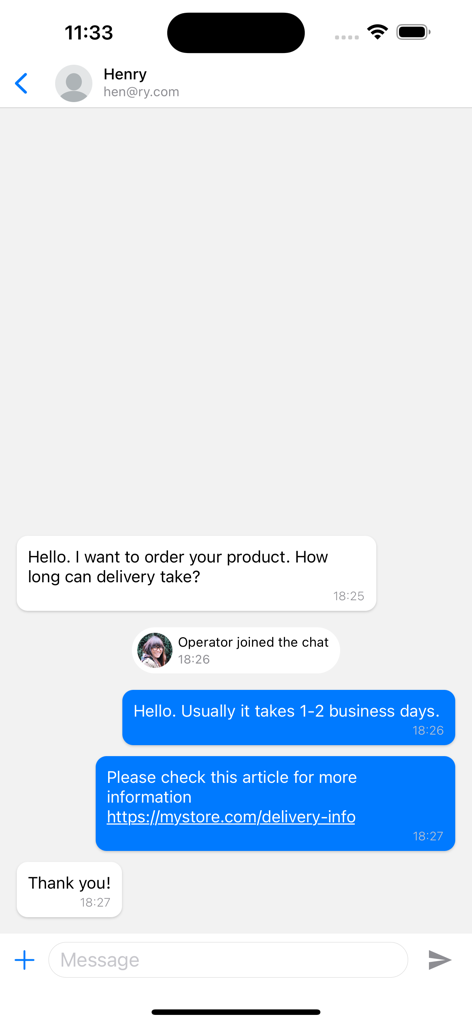 Anychat.one - Anychat mobile app interface showing a real-time customer support conversation about product delivery