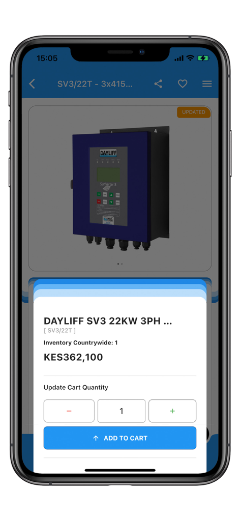 D&S FLO app product page for a Dayliff solar inverter with add to cart button