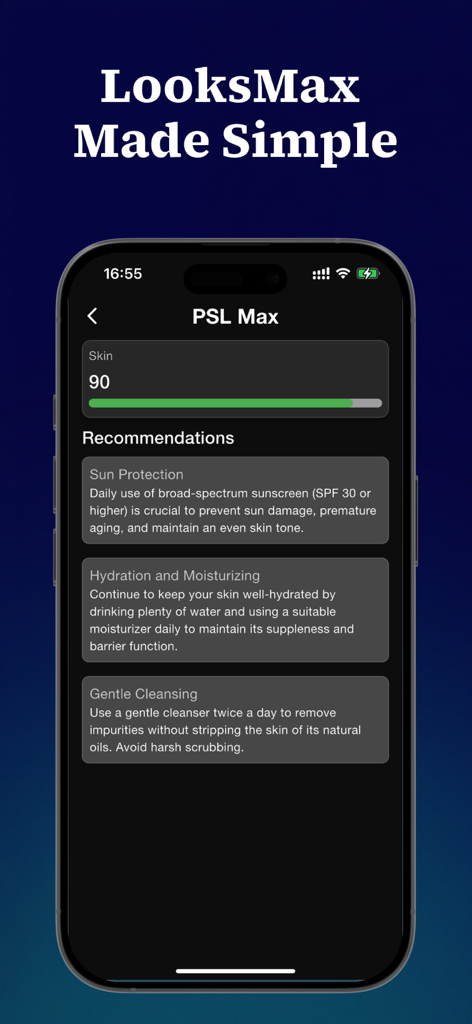 PSL Max - Face Rating Looksmax - PSL Max app interface displaying a skin score and personalized skincare recommendations for improvement.