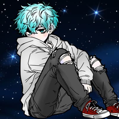 a male hoddie ripped jeans messy hair anime