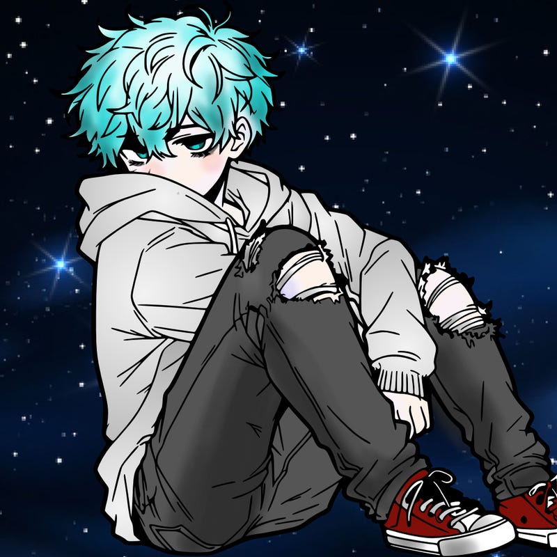 a male hoddie ripped jeans messy hair anime