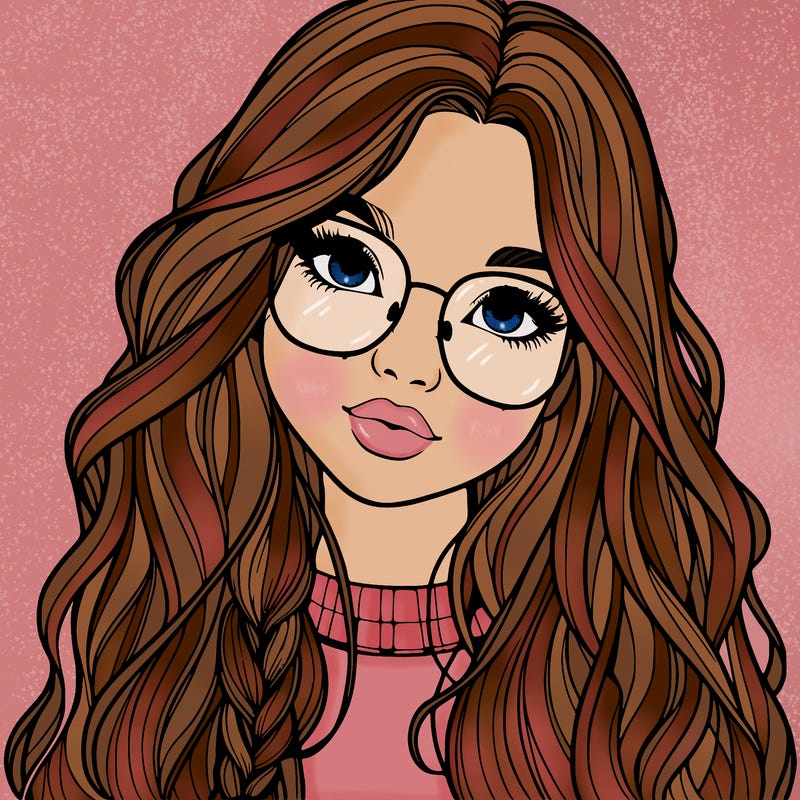girl with long hair and freckles and glasses realistic