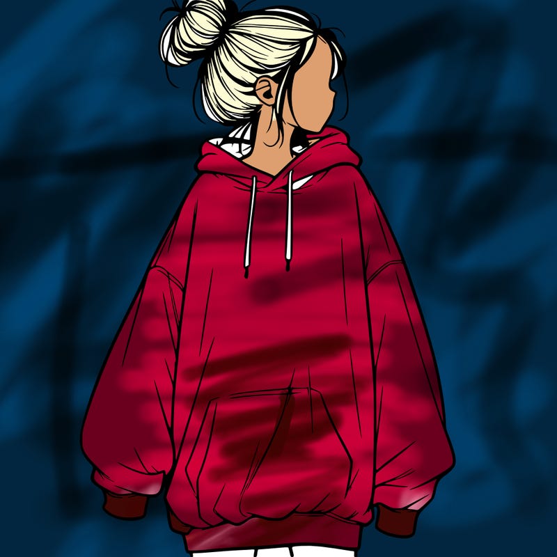 realistic girl with a oversized sweatshirt on and a bun