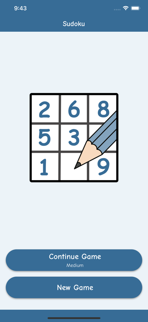 Enjoy Sudoku - Enjoy Sudoku app home screen showing buttons to continue a medium difficulty game or start a new game