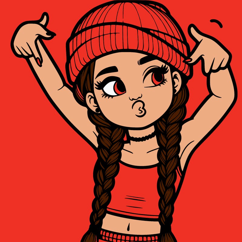realistic teenage girl with braids and a beanie and crop top doing 🫶🏼