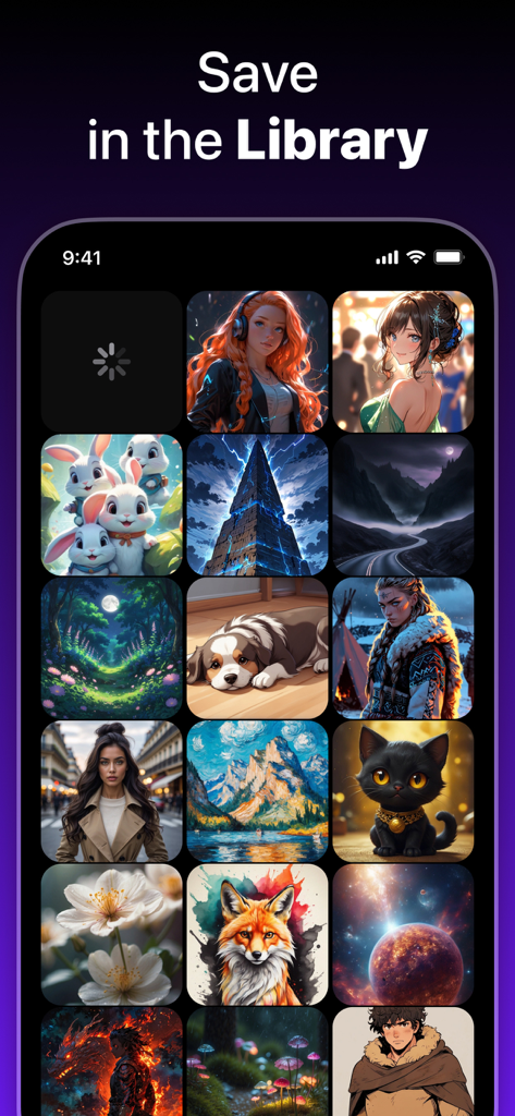 AI Image Generator - Art Photo - Una pantalla de smartphone que muestra una cuadrícula de varias imágenes generadas por IA guardadas en la biblioteca de la aplicación.