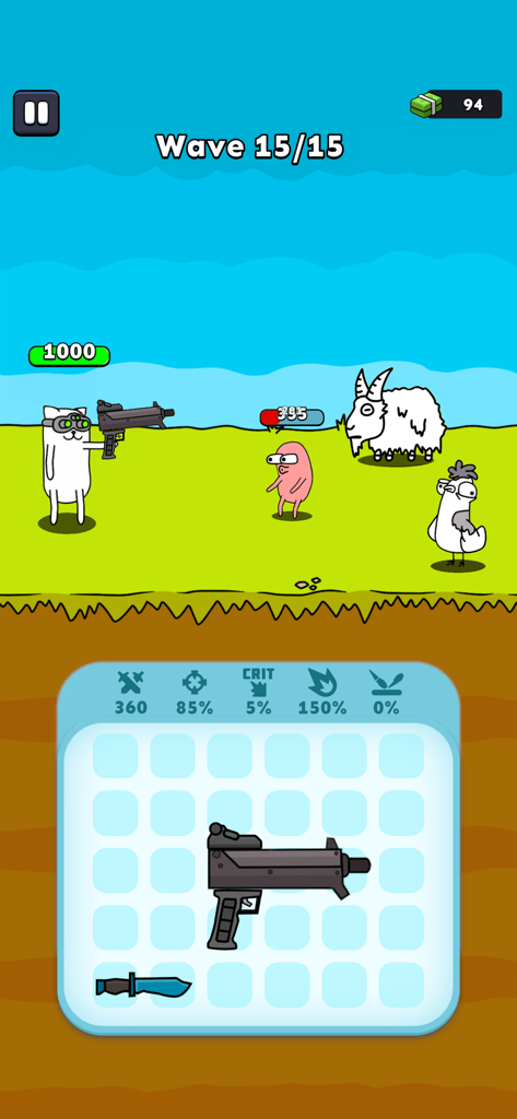 A white cat shooting monsters in a wave based survival game with a weapon inventory section