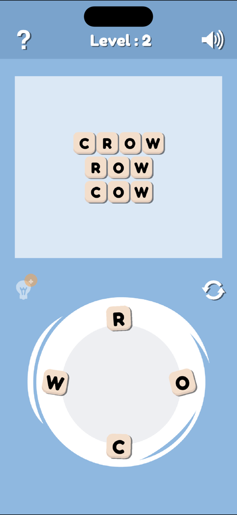 Pantalla de juego de Word Chef que muestra el nivel 2 con una bandeja de letras circular y las palabras resueltas crow, row y cow