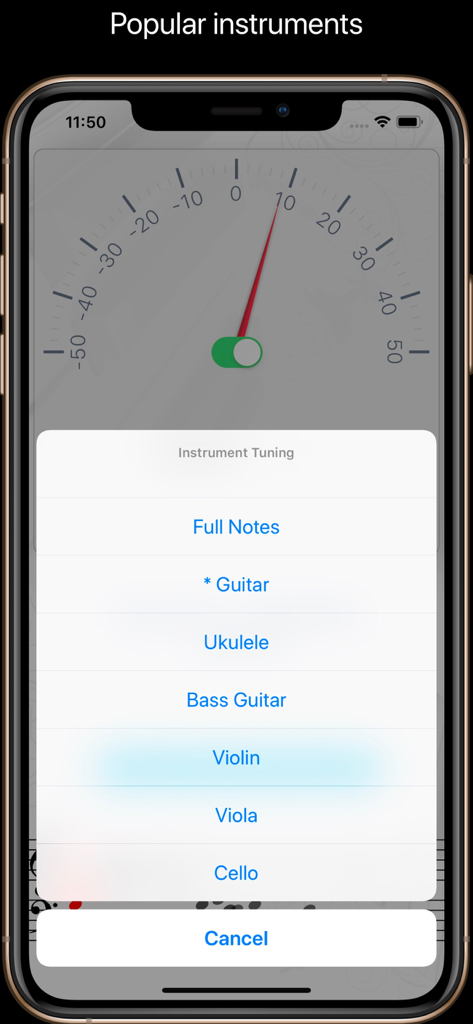 Tuner - Music Tuner app interface showing a list of instruments like guitar violin and ukulele for tuning
