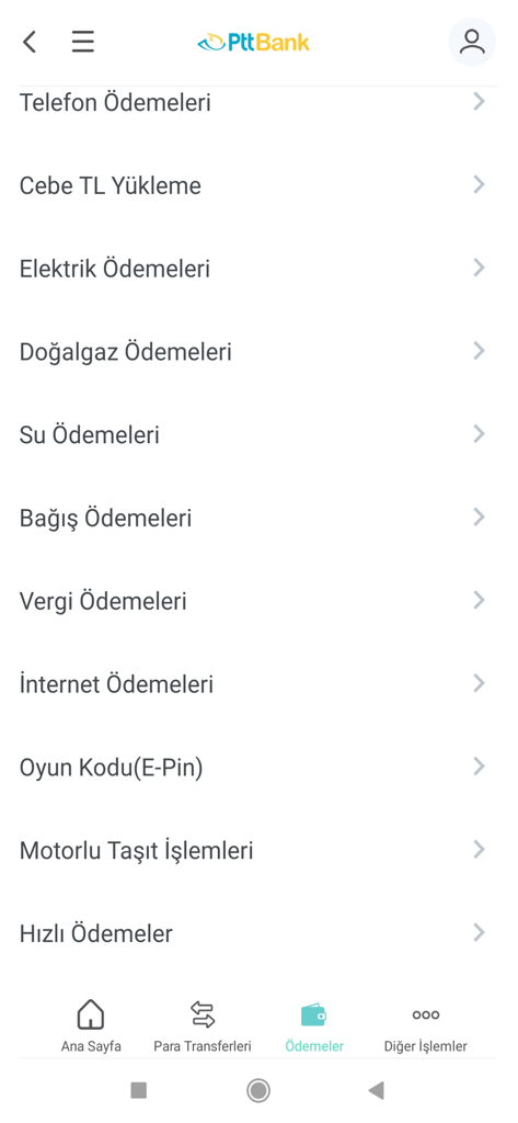 PTTBank app payments menu showing options for utility bills, taxes, and mobile top-ups in Turkish