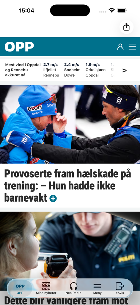 OPP Nyheter - Uma interface móvel para o aplicativo de notícias local OPP Nyheter apresentando artigos sobre esqui e atualizações da comunidade na Noruega.