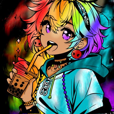 hot baddie anime girl drinking boba and biting the straw