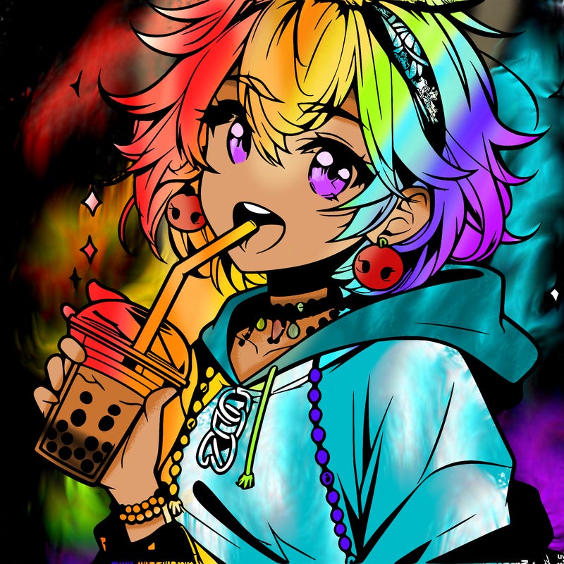 hot baddie anime girl drinking boba and biting the straw