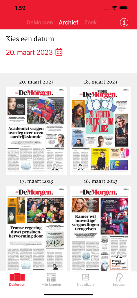 De Morgen Print Editie - The archive screen of the De Morgen Print Editie app displaying various past newspaper front pages