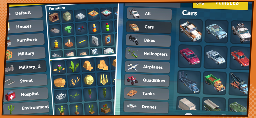 Simple Sandbox 3 - Pixel Craft - Interfaz de Simple Sandbox 3 mostrando varias categorías de muebles y vehículos con íconos de pixel art