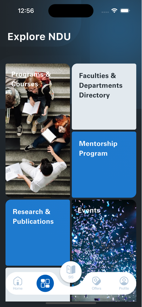 NDU - The Explore NDU screen on the Notre Dame University Lebanon mobile app featuring tiles for programs faculties mentorship and university events